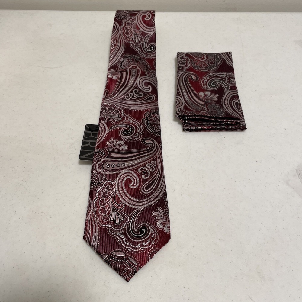 Burgundy Pink Paisley Hisdern‎ Long Tie With Matching Handkerchief New With Tags